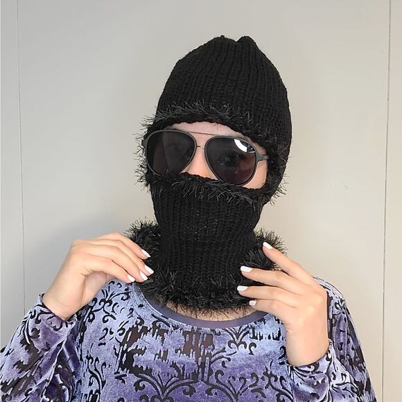 Black Fairy Grunge Fuzzy Knitted Handmade Balaclava Winter Hat - Picture 3 of 7
